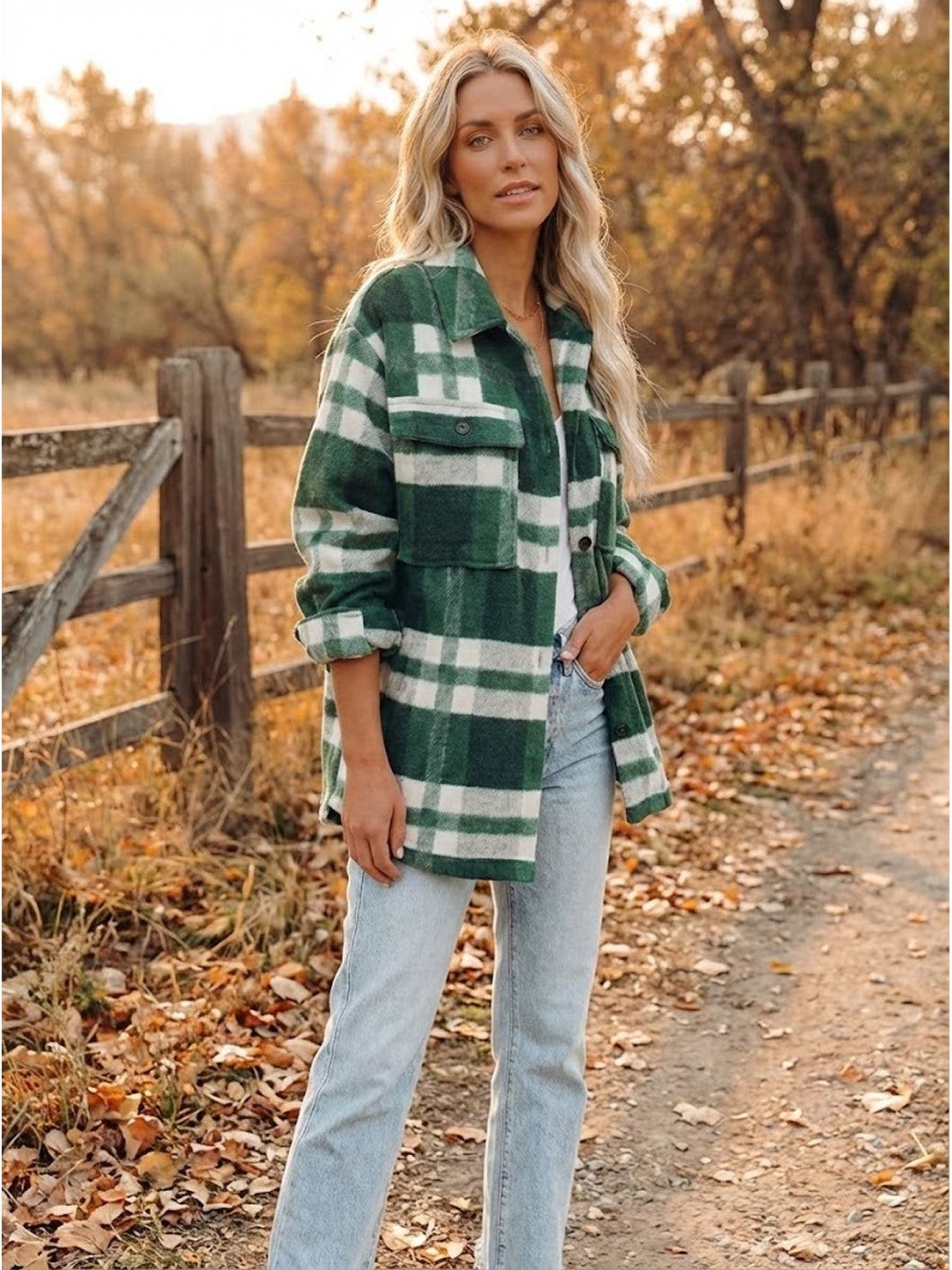 Woman wearing green and white comfy flannel classic button-down shirt outdoors in autumn setting