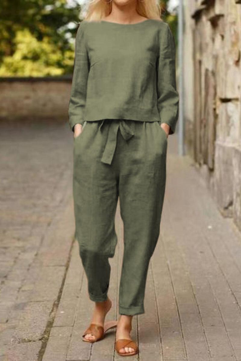 Cotton-linen monochrome relaxed longline top and wide-leg pants set in olive green outdoors