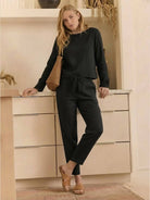 Cotton-linen monochrome relaxed longline top and wide-leg pants set