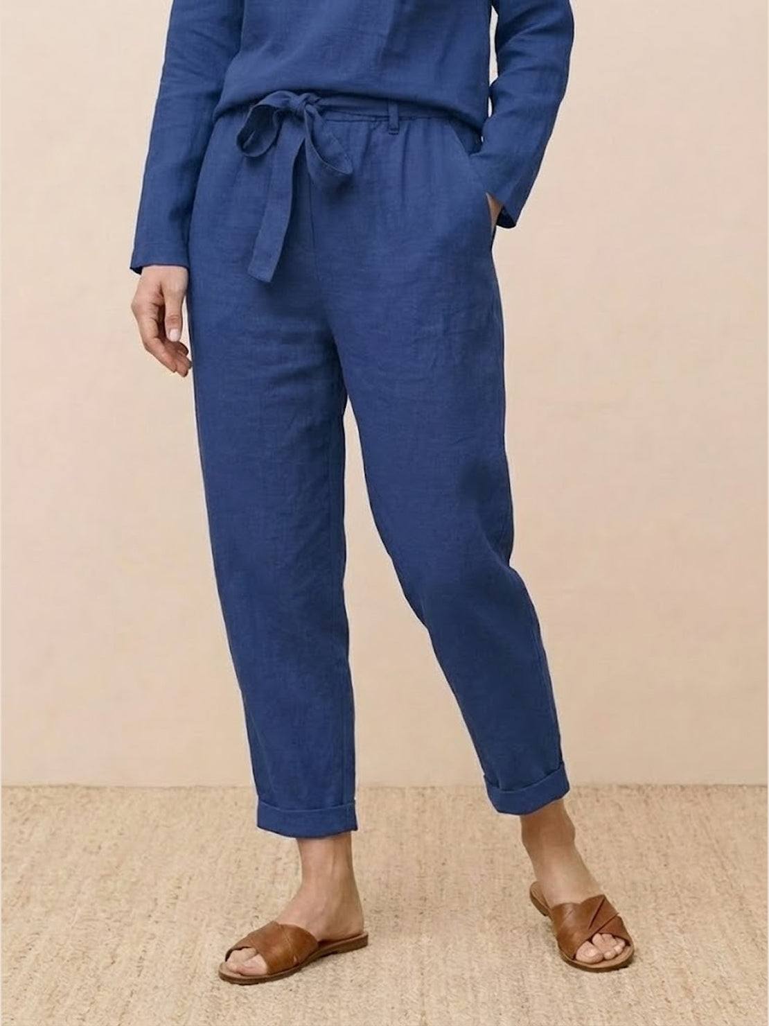 Cotton-linen monochrome two-piece set with relaxed longline top and wide-leg pants in neutral tones