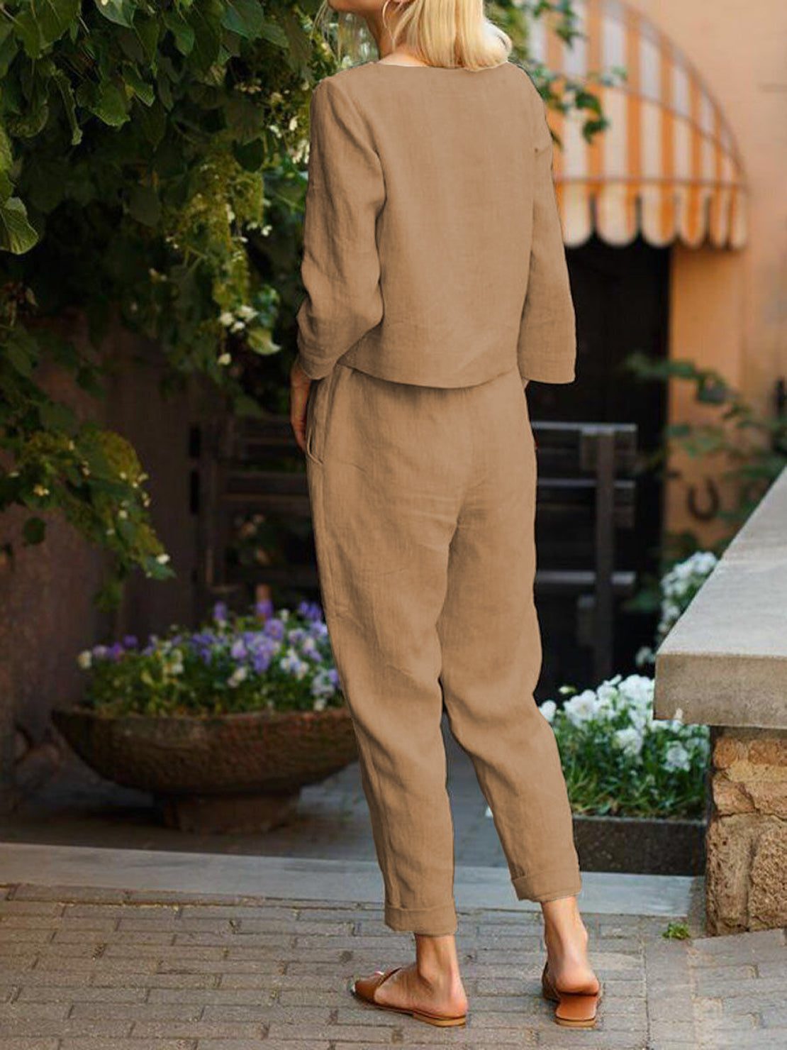 Cotton-linen monochrome relaxed longline top and wide-leg pants set in neutral tones