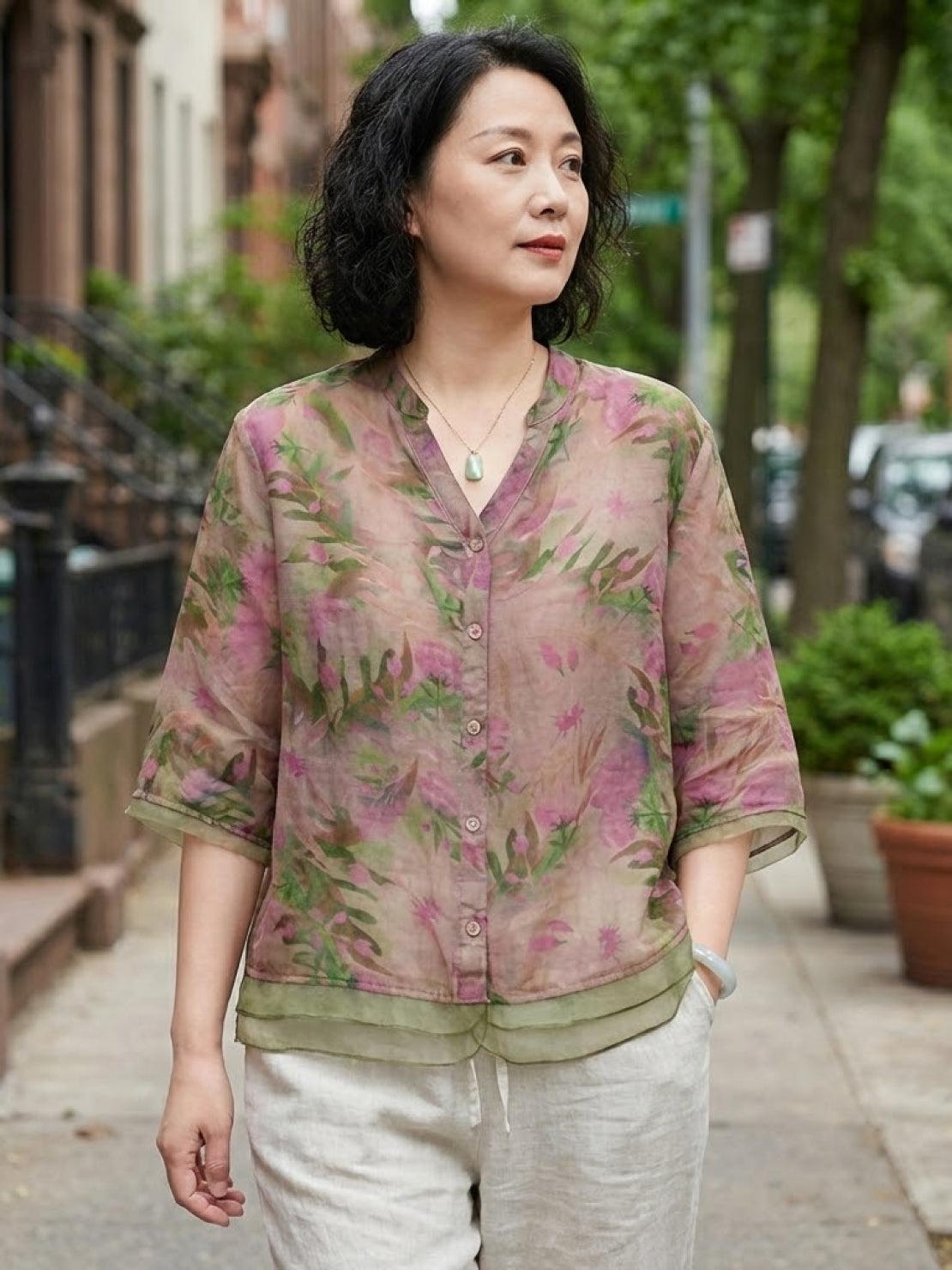 French Boutique Style elegant organza blouse with floral print