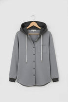 Highland Plaid Shacket gray hooded button-front relaxed fit with front pocket and soft fleece lining.
