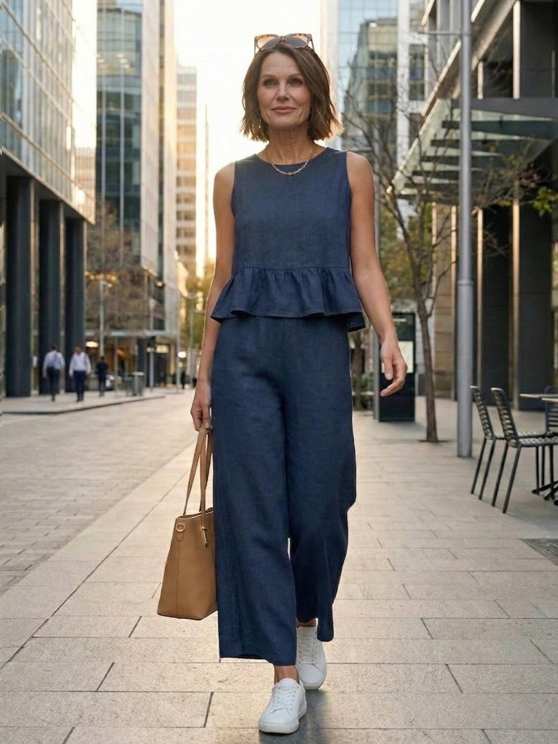 Lightweight linen-like feel two-piece set for comfortable and stylish travel wear