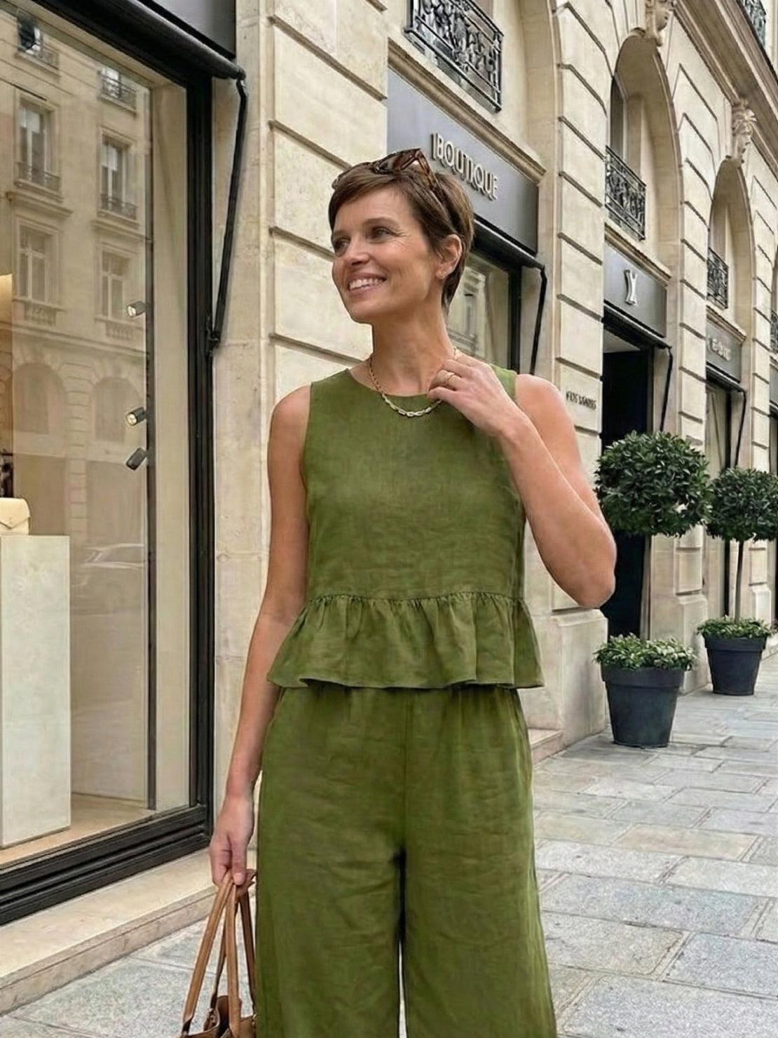 Lightweight linen-like feel two-piece set for travel and comfort