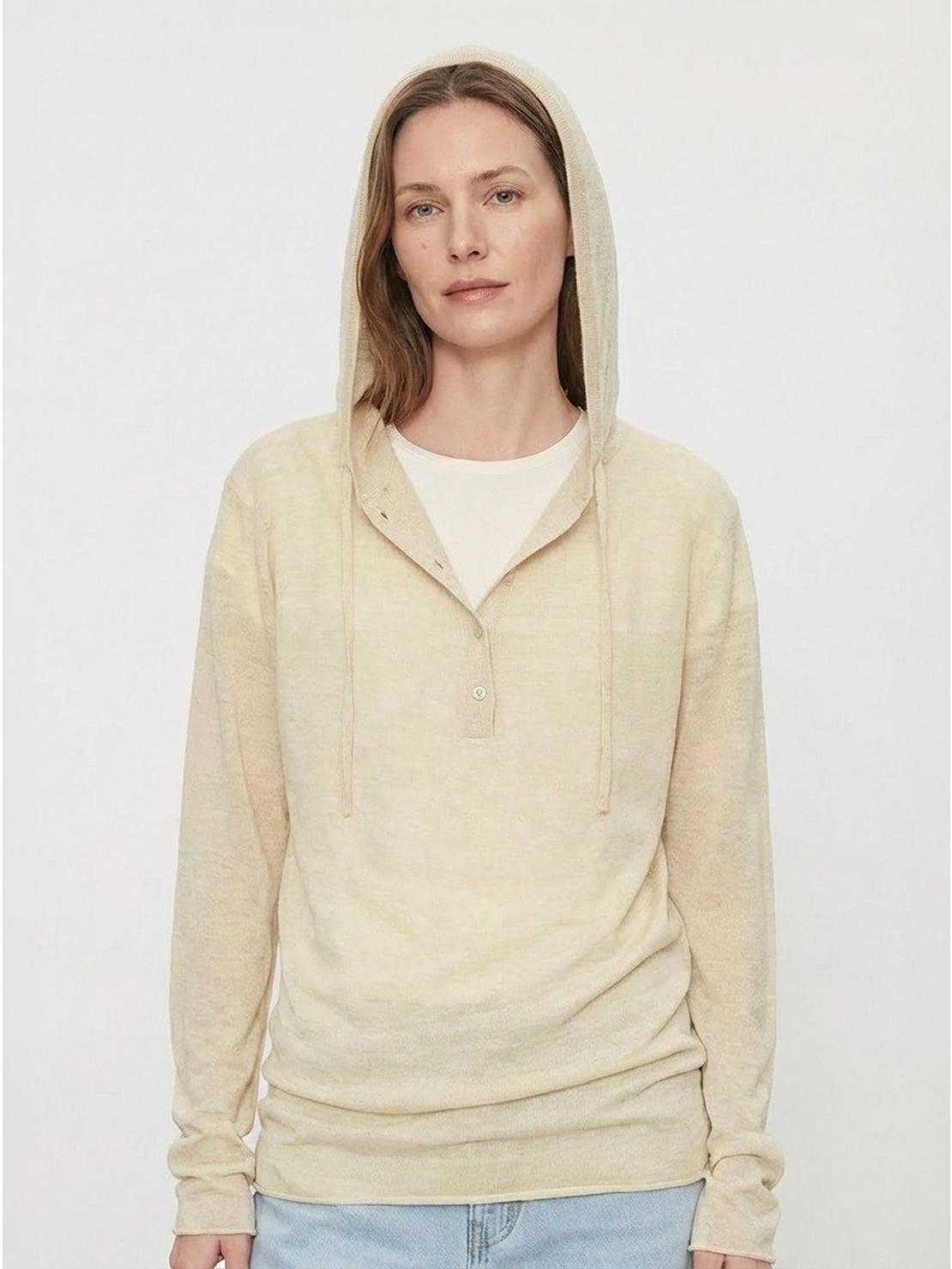Organic linen Henley top with fine knit, relaxed fit, and side slits in neutral tones