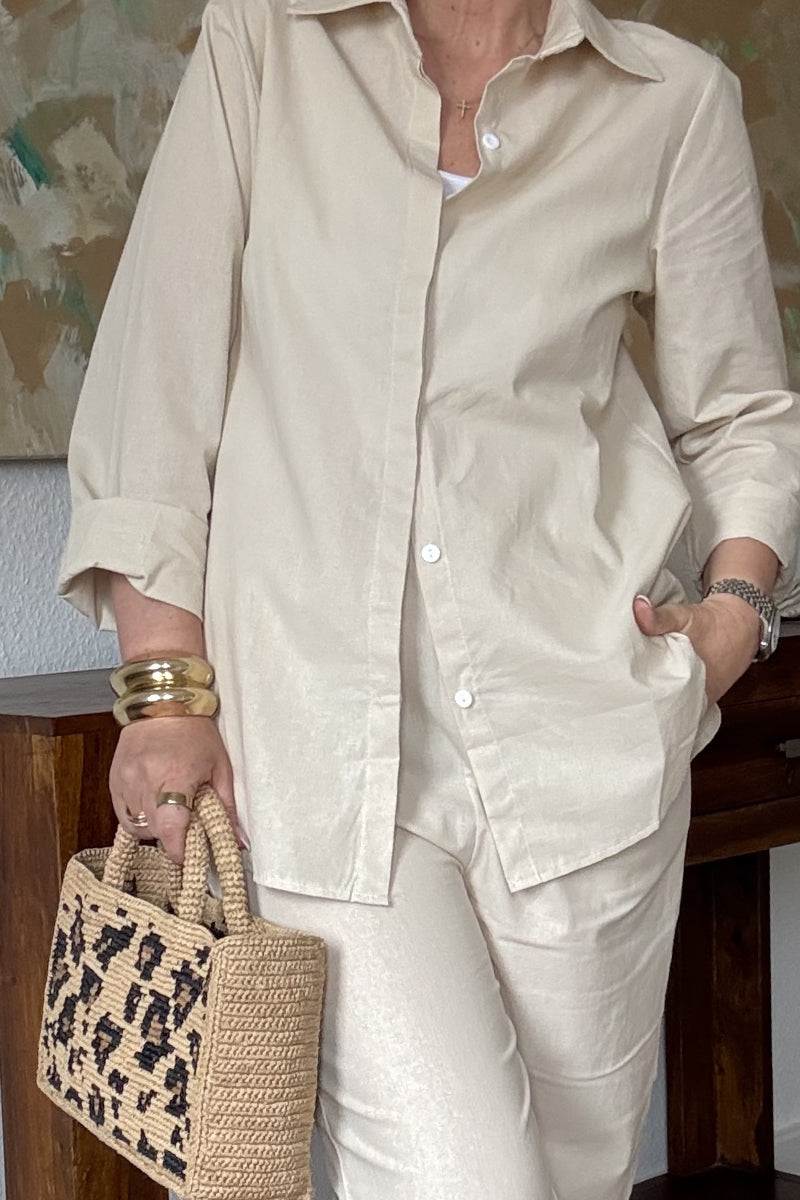 Oversized 100% cotton shirt and wide-leg pants co-ord set in beige with relaxed fit and breathable fabric