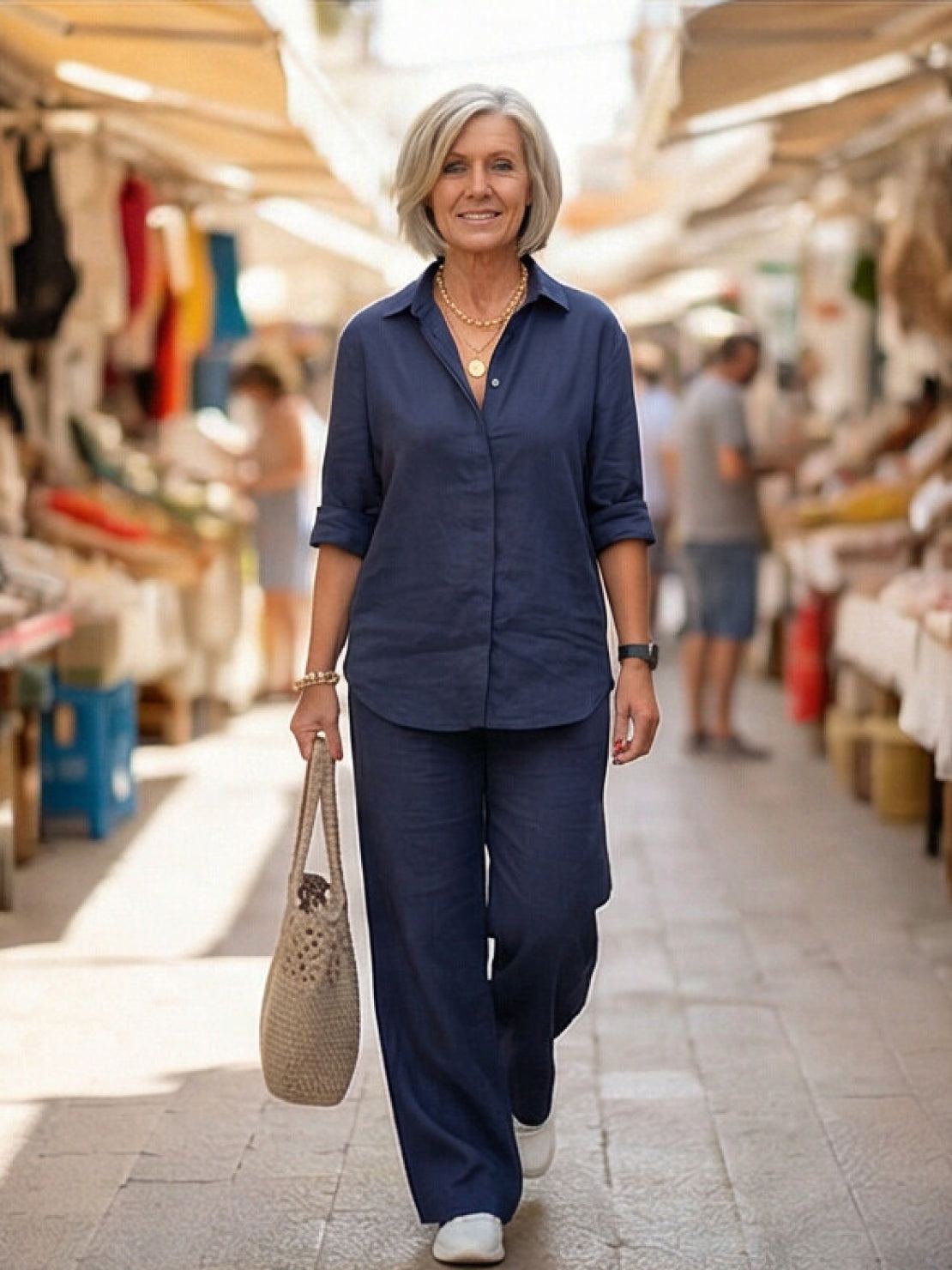 Model wearing oversized 100% cotton shirt and wide-leg pants co-ord set in relaxed silhouette