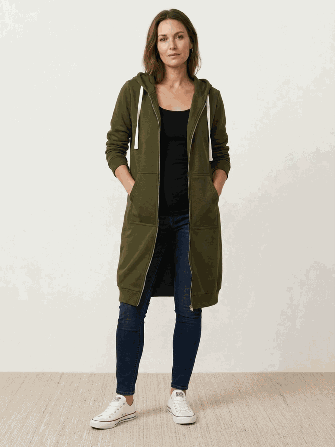 Oversized long zip sweatshirt hoodie with fleece lining and drawstring hood for casual layering