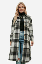 Oversized medium-length blue plaid wool-blend overshirt jacket with relaxed fit and functional pockets