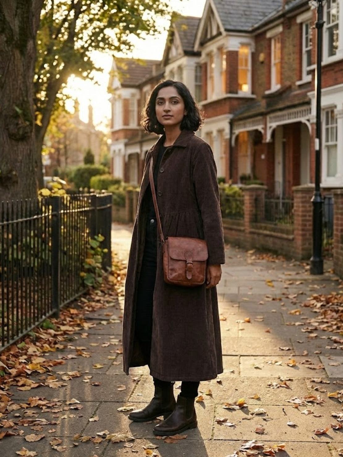 Oversized vintage corduroy coat in warm earth tones with thick texture and classic fit