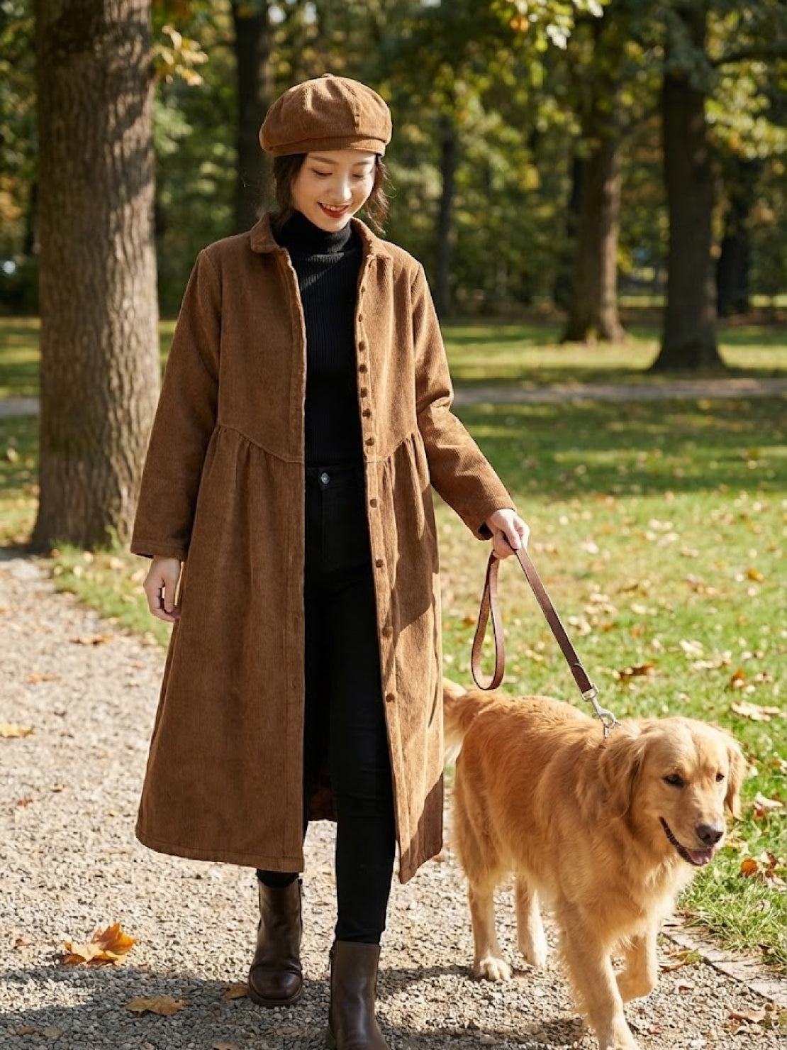 Oversized vintage corduroy coat in warm earth tones with classic fit and rich texture