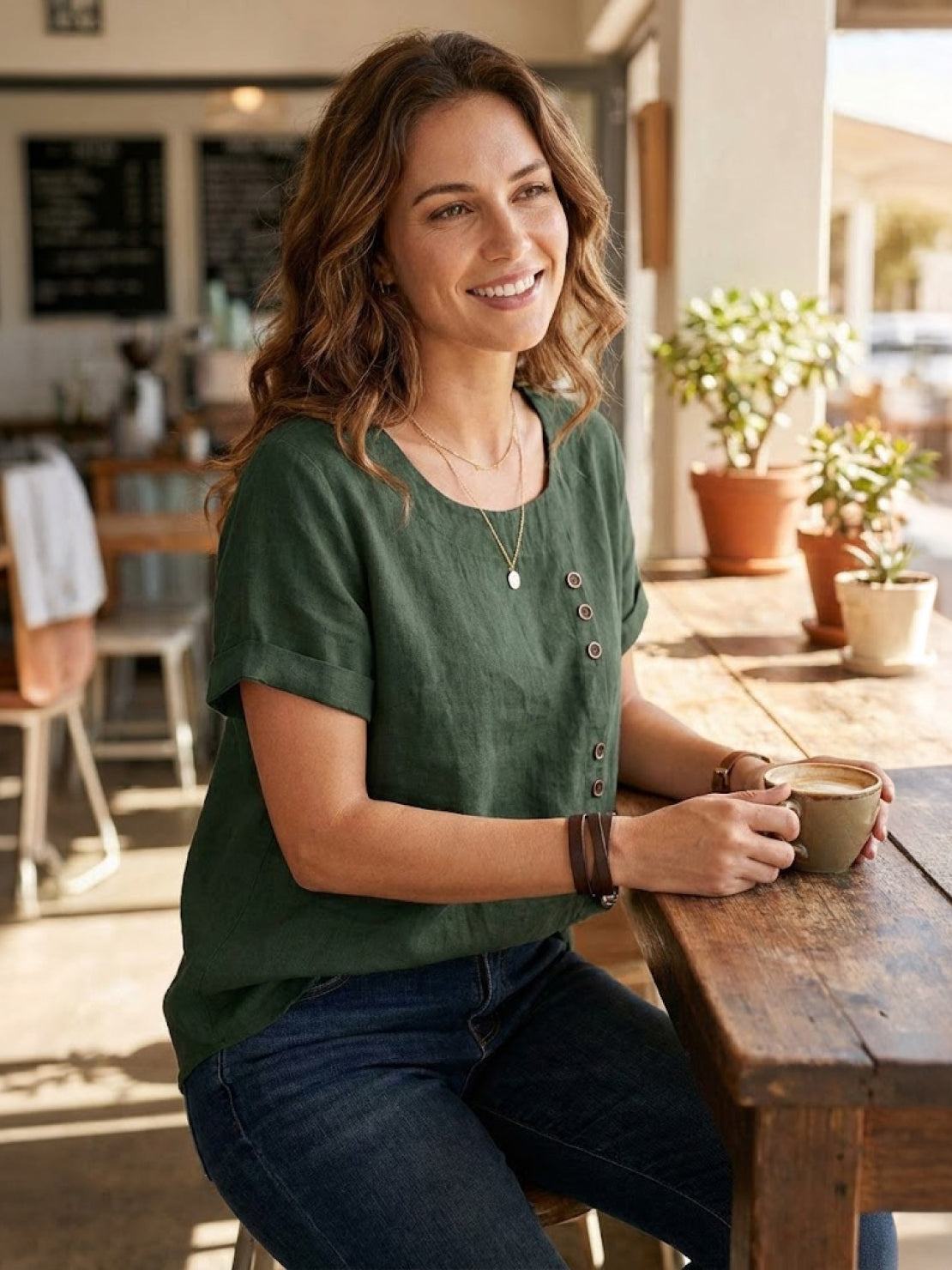 Relaxed Fit Linen Button-Up Tee with breathable cotton linen fabric and stylish button detail