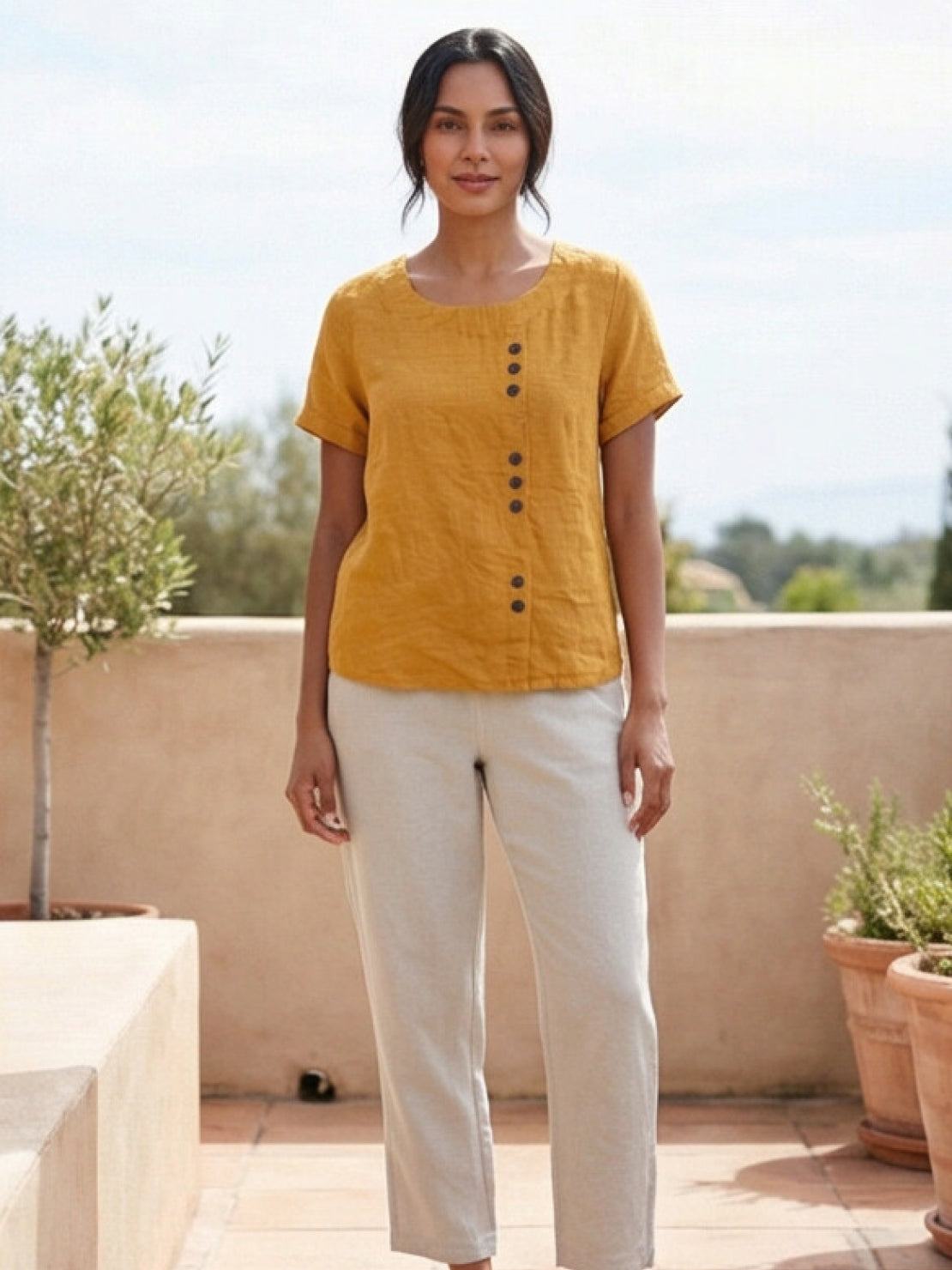 Relaxed Fit Linen Button-Up Tee with breathable cotton-linen fabric and stylish button detail