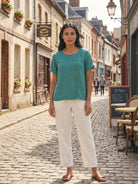 Relaxed Fit Linen Button-Up Tee in breathable cotton and linen with short sleeves and button detail