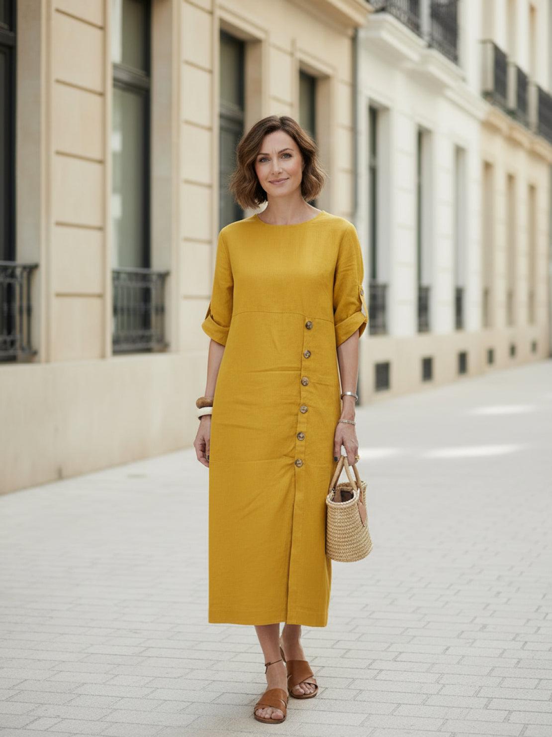 Pure Cotton Elegance dress made from 100% soft cotton fabric with linen-like look, perfect year-round wear and travel-friendly style.