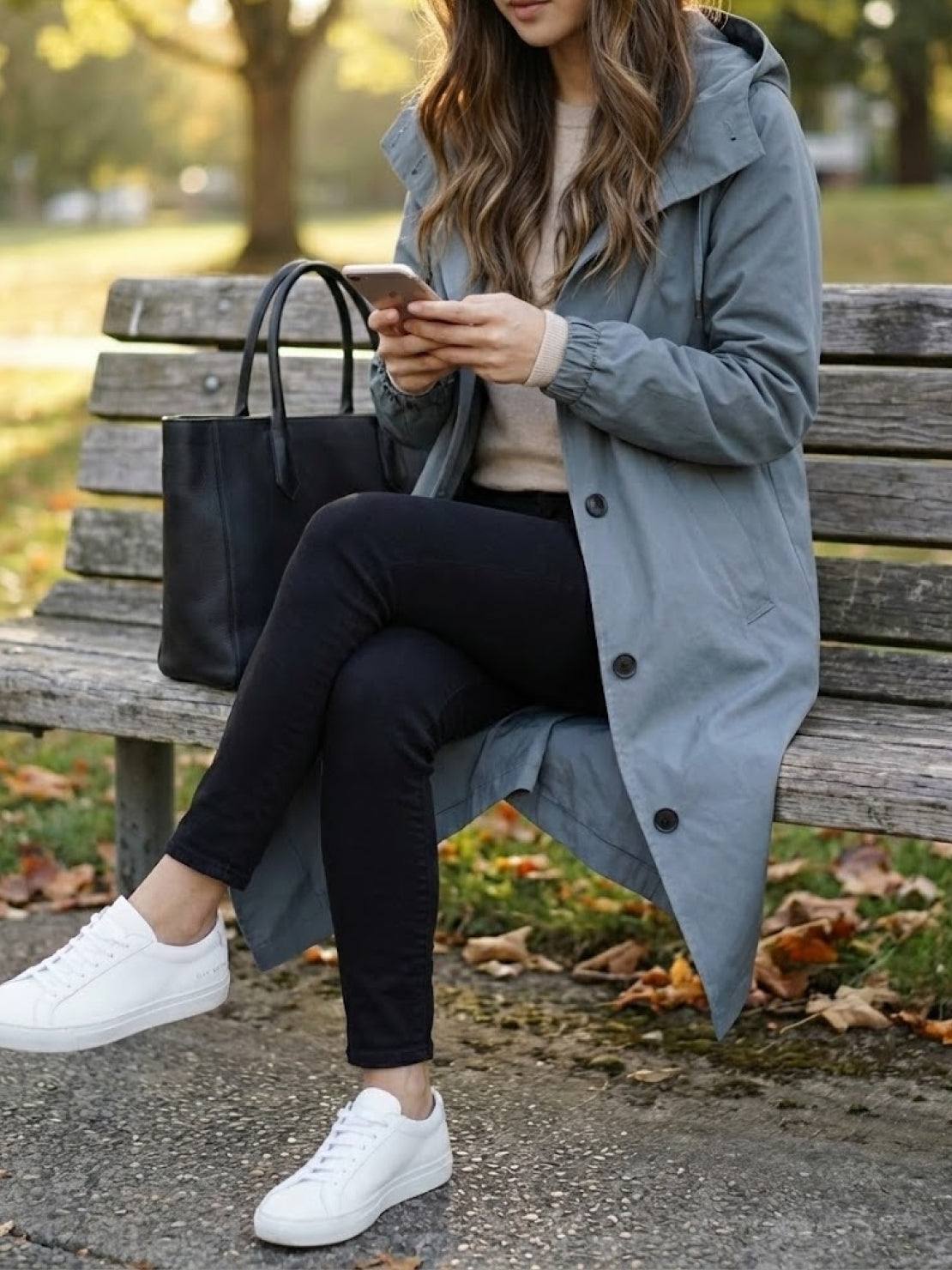 Woman wearing grey Rain Couture Windbreaker sitting on park bench with black bag and white sneakers