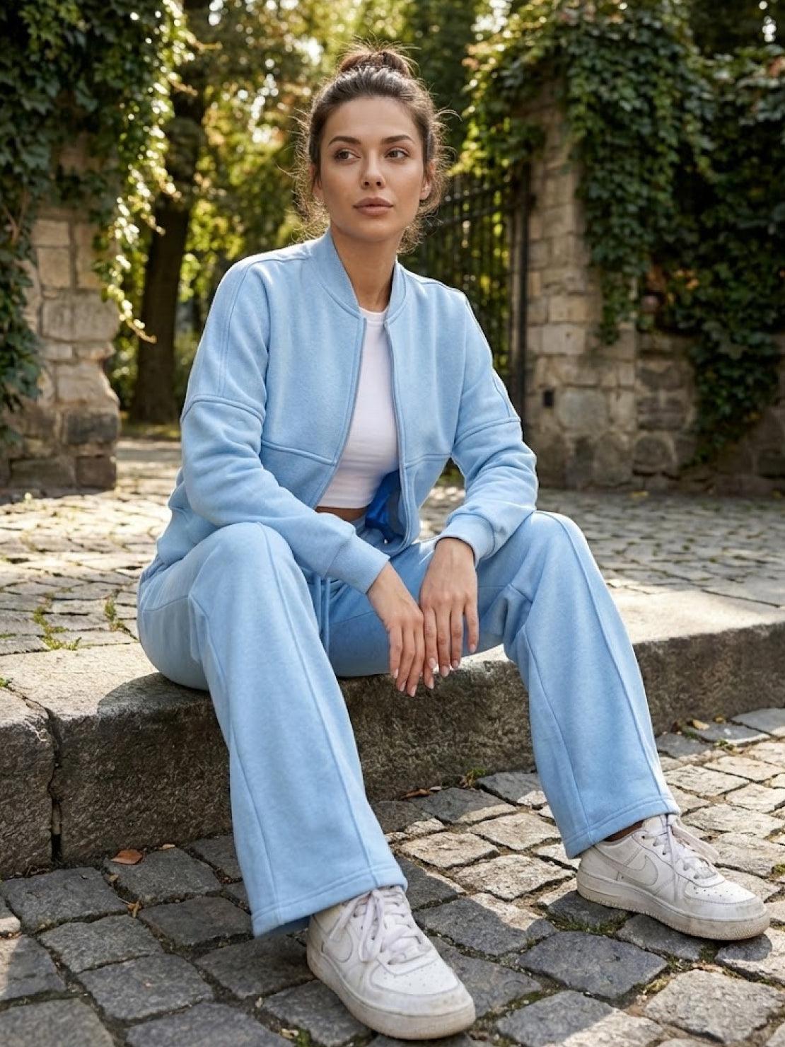 The Voyager Zip Set matching zip-front sweatshirt and wide-leg joggers for travel and comfort