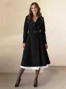 Elegant water-repellent A-line hooded raincoat for women with insulated lining and belt