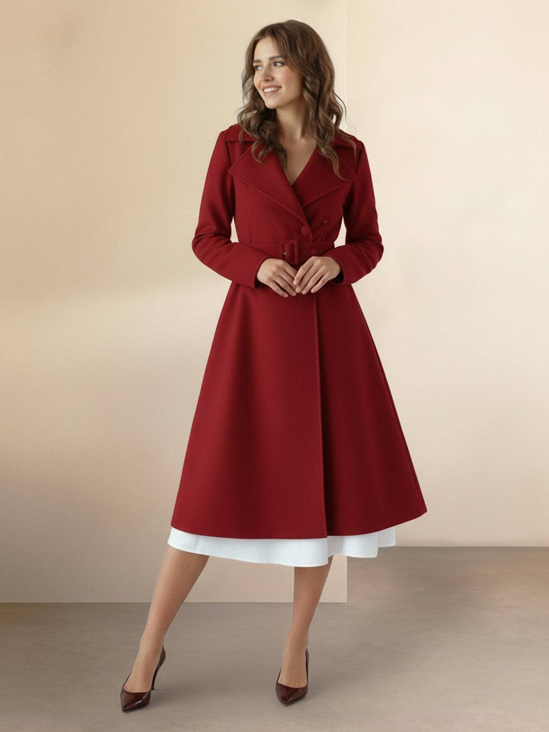 Women’s water-repellent A-line hooded raincoat with belt and insulated lining