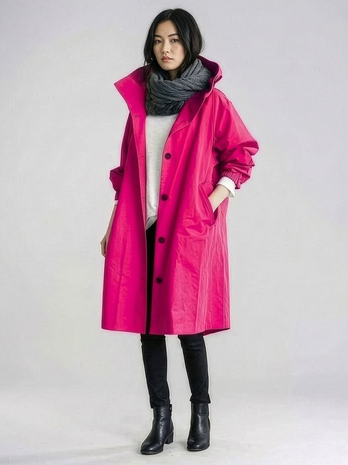 Water-resistant oversized hooded windbreaker rain jacket with multiple pockets and adjustable waist for outdoor activities